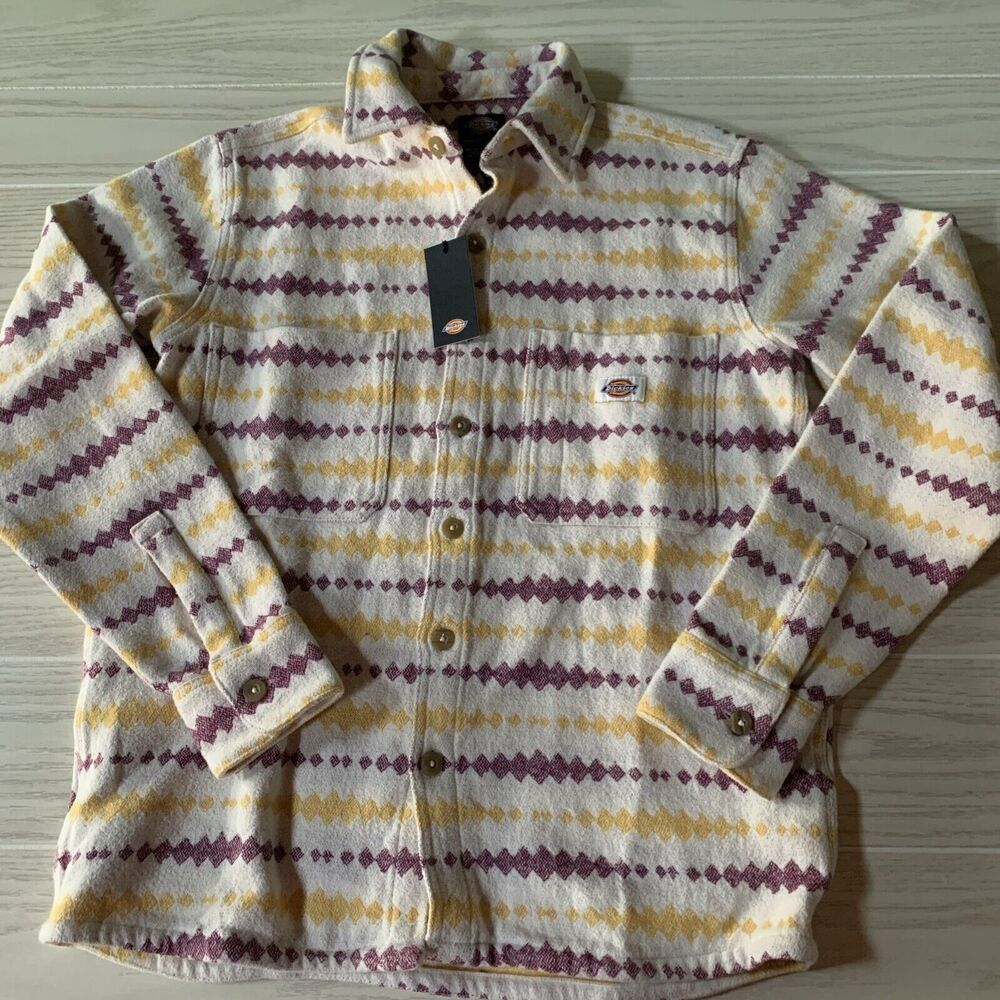 Dickies Women XS Long Sleeve Heavy‎ Shirt Cream Stripes
